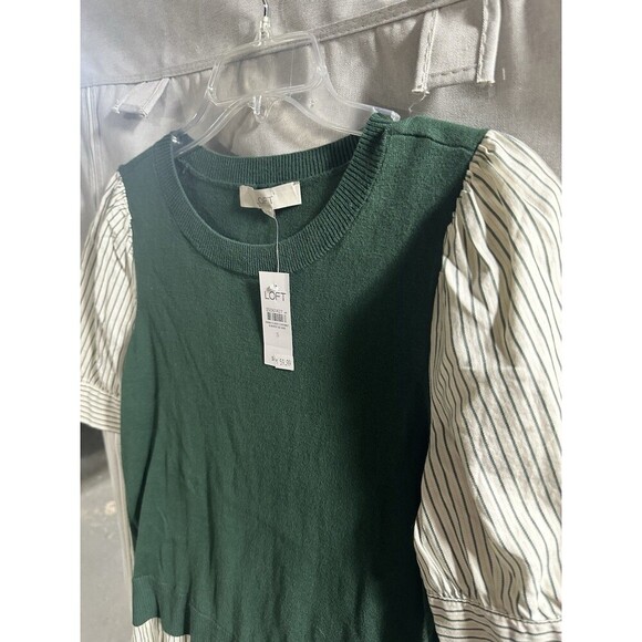 Loft‎ Striped Layered Mixed Media Poplin Short Sleeve Blouse Green Cotton Small - Picture 3 of 6